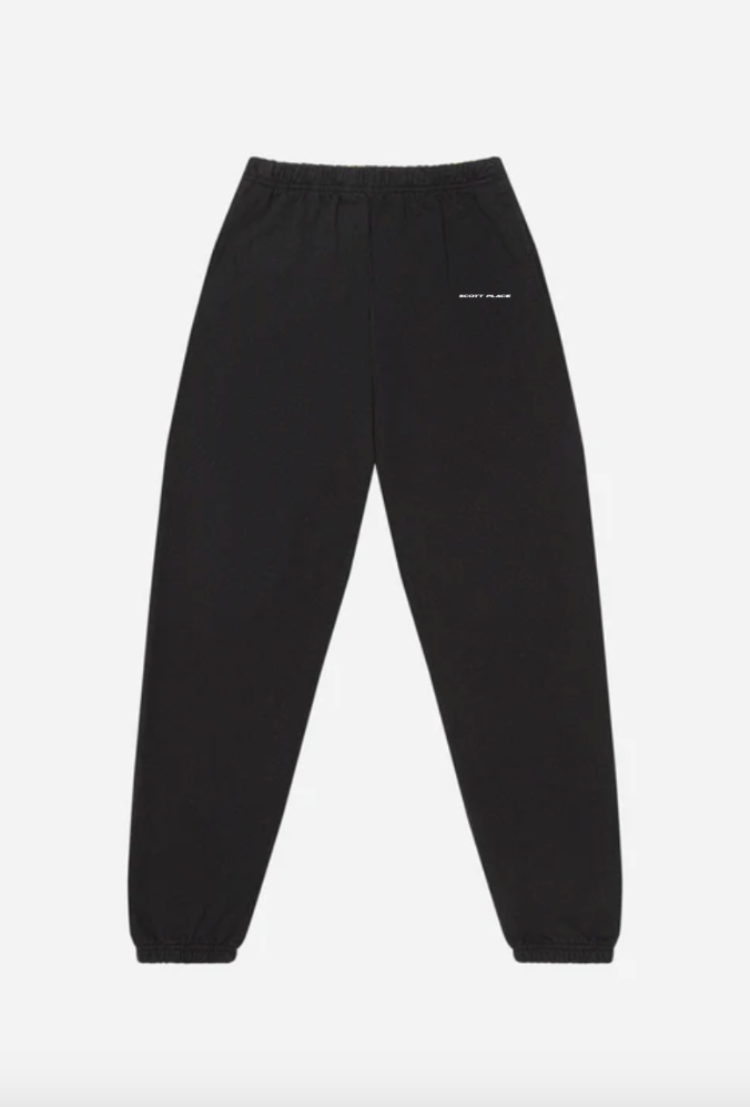 A pair of black sweatpants with an elastic waistband and cuffs.