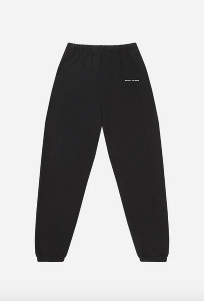 A pair of black sweatpants with an elastic waistband and cuffs.